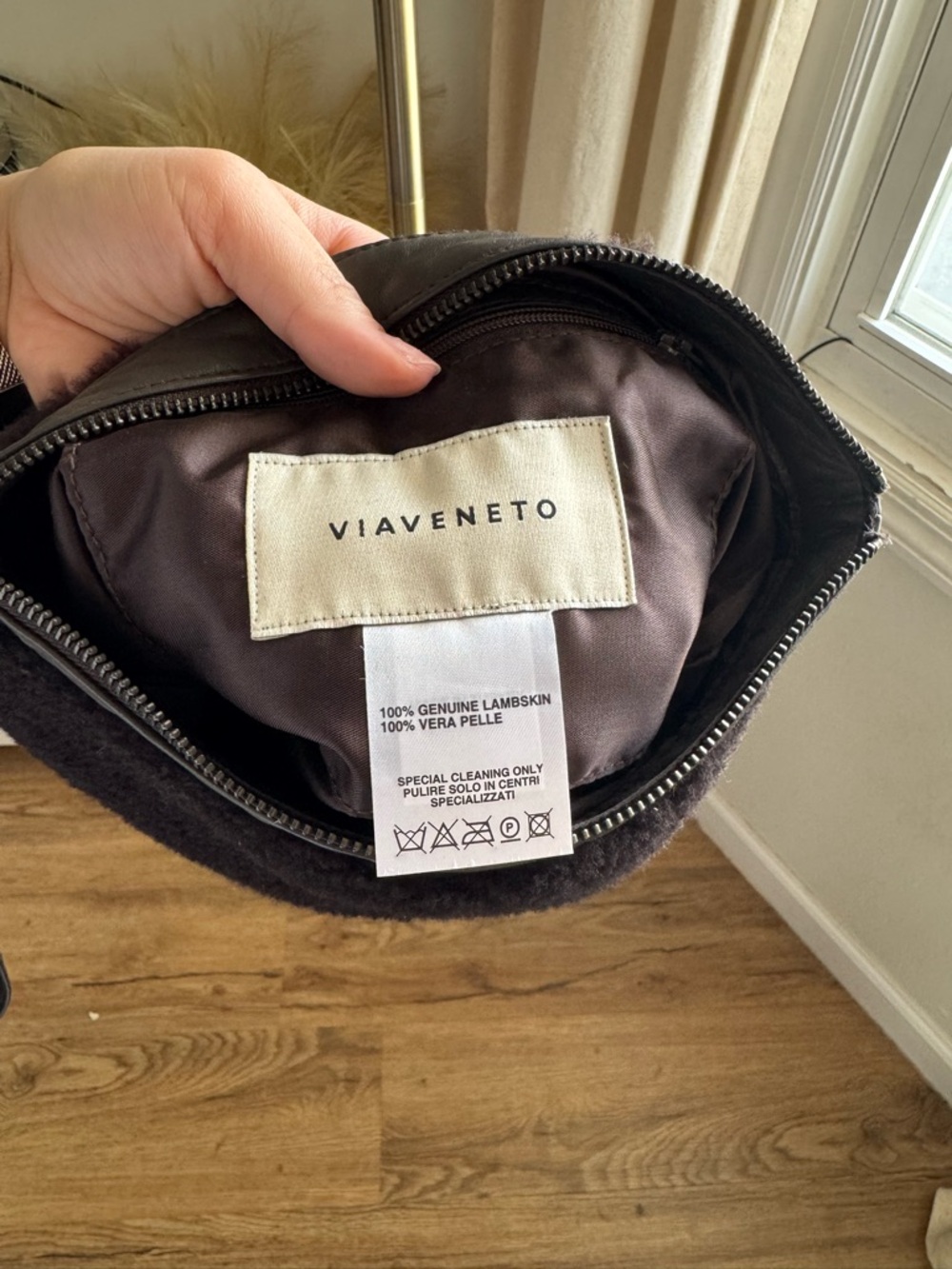 VIAVENETO Delilah Curly Lambskin Shearling Large Pouch / Wristlet - Black - Picture 8 of 8